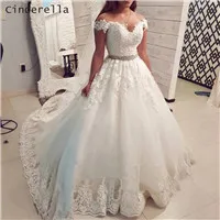 Cinderella Off The Shoulder A-Line Sweep Train Lace Up Back Lace Applique Crystal Beaded Satin Wedding Dresses vestido de noiva