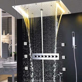 

Shower Set Luxurious Electric LED Concealed Ceiling Shower System Massage Column Thermostatic High Flow Rain Shower Kit Body Jet