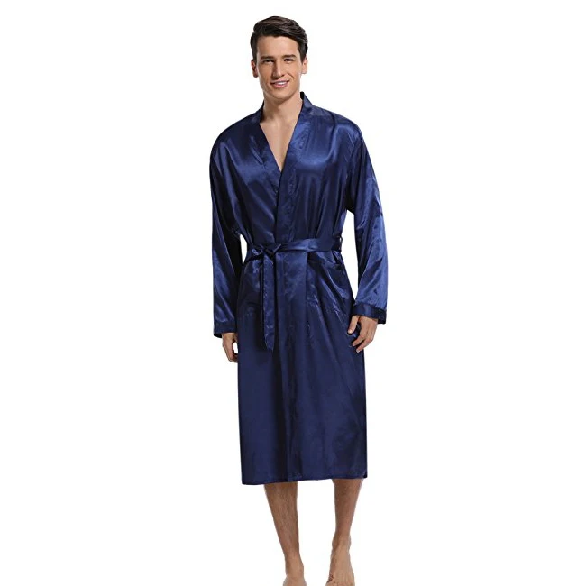 

2018 Men Satin Robe Pyjamas Room Home Clothes Bathrobe Long Sleeve Satin Soft Silky Sleepwear Gown Navy Blue Kimono Nightwear