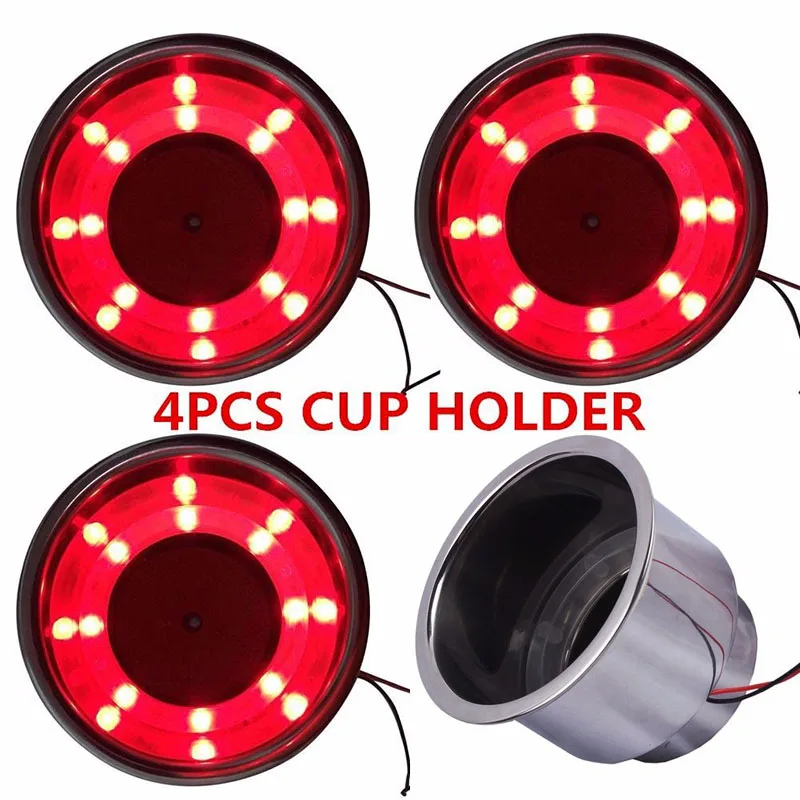 

Mayitr 4pcs New Red 8 LED Recessed Stainless Steel Cup Drink Holder Cup Shape Bottle Holder for Car Truck Marine Boat RV
