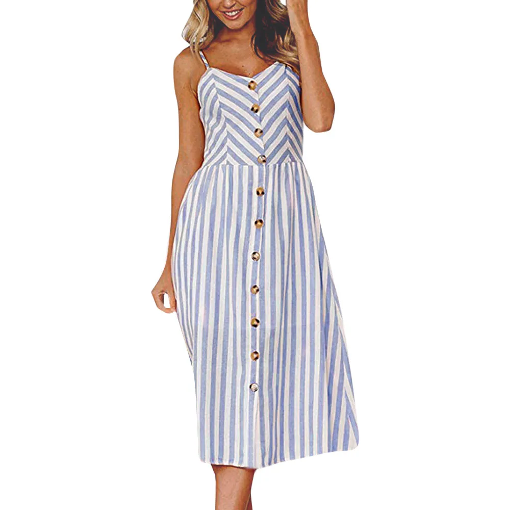 

Women Sexy Stripe Buttons Casual Shirt Off Shoulder Sleeveless Dress Beach V Neck Spaghetti Strap Maxi Loose vestidos festa 2019