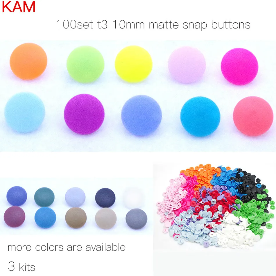 

10 Colors Mixed Matte KAM Brand 100 sets 16 10mm T3 Matting Plastic Snap Button KAM Frosted Fastener buttons for clothing