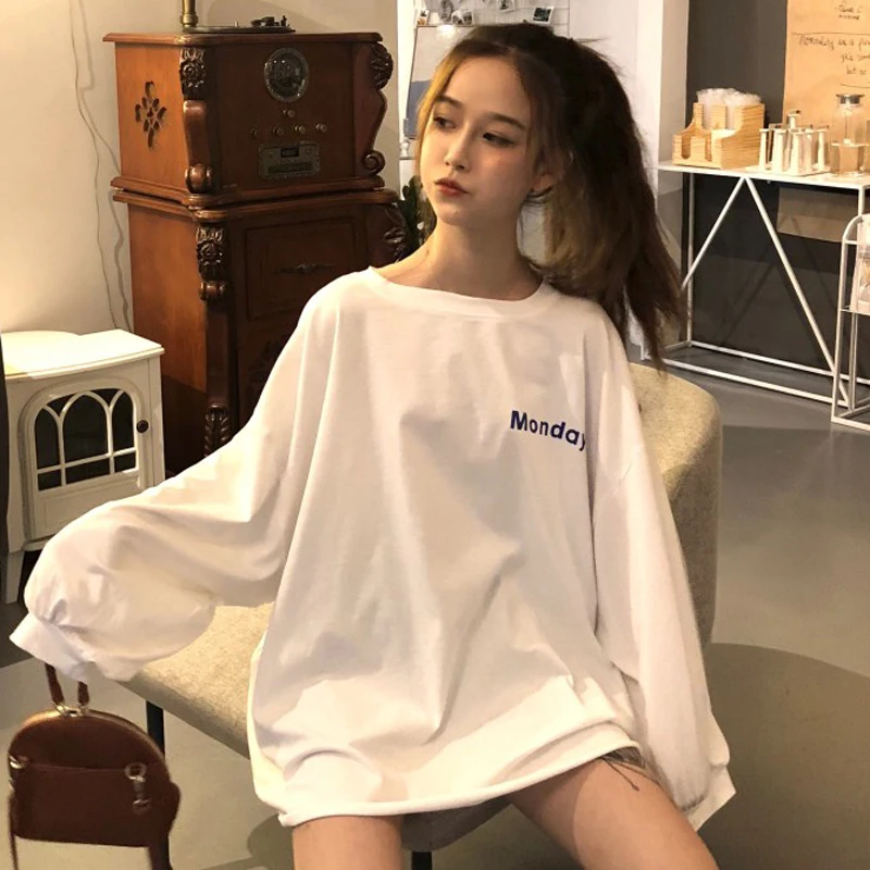 

2 Color Mihoshop Ulzzang Korean Korea Women Fashion Clothing Letter Print White Long Sleeve Casual Loose T shirt Tops