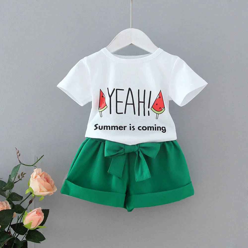 

2019 Summer Cotton Children's Clothing Sets Short Sleeve Watermelon Letter Print T-shirt + Solid Shorts Baby Girls 2Pcs Suits