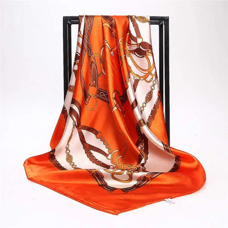 Летний женский шелковый шарф с принтом, атласные квадратные шарфы, женские роскошные дизайнерские шали 90*90 см, бандана, большой мусульманский хиджаб - Цвет: 4