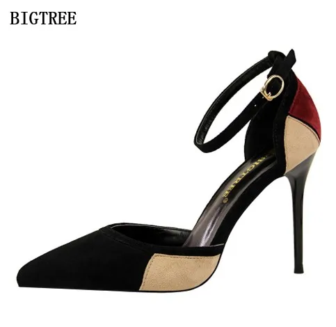 

BIGTREE Sandals Women Shoes High Heels 10cm Korean with Suede Coloured Shallow Pointed Color Patchwork Sexy Ladies Shoes 2018