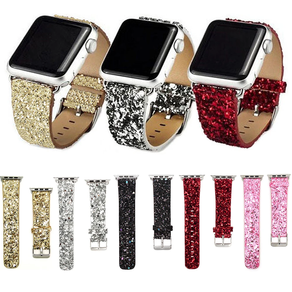 

Leather Band for Apple Watch 38/40mm 42/44mm Series 1/2/3/4 Glitter Powder Shinny Christmas Bling Bracelet Strap I26.