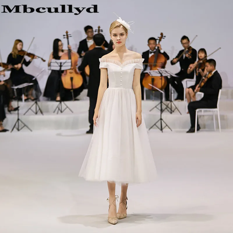 

Mbcully Summer Vintage Beach Wedding Dress Short Tea Length Wedding Gowns Sexy Off Shoulder A-line Vestidos de novia 2019 Cheap