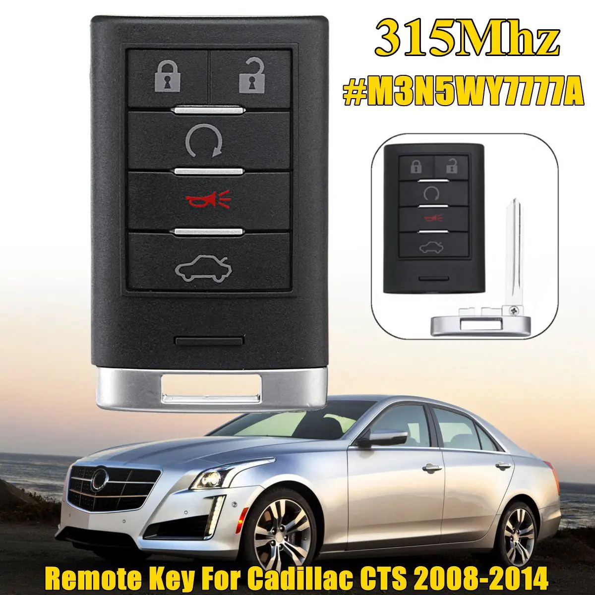 

For Cadillac CTS 2008-2014 #M3N5WY7777A 5 Buttons Fob Smart Remote Key Keyless Entry Proximity Smart Key Remote key