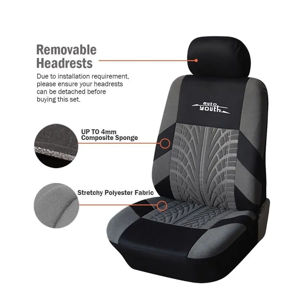  AUTOYOUTH 3 Colour Track Detail Style Car Seat Covers Set Polyester Fabric Universal Fits Most Cars