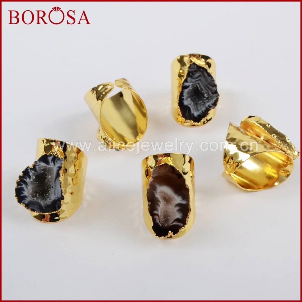 

BOROSA Wholesale Druzy Gold Color Natural Crystal Druzy Open Band Rings, Fashion Freeform Natural Gems Druzy Ring Party G1388