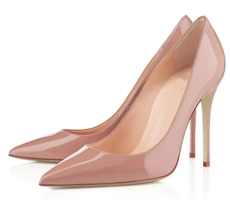 Sexy Pointed Toe Patent Leather 8 10 12CM nude High Heels Pumps Shoes Women Heels Party Wedding Shoes Big Size 35-44
