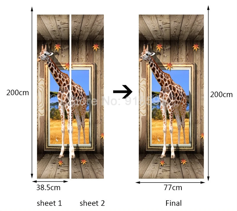 Двери Стикеры s 3D жирафа животных Плакат Гостиная Спальня двери Стикеры Водонепроницаемый Книги по искусству Наклейки на стены Стикеры