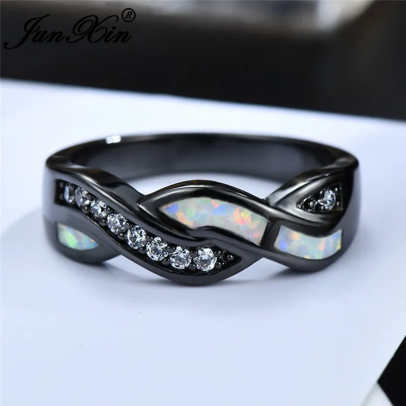 JUNXIN Male Female Blue/White Fire Opal Rings For Women Men 925 Silver Black Gold Filled Wave Cross Ring Zircon Wedding Jewelry