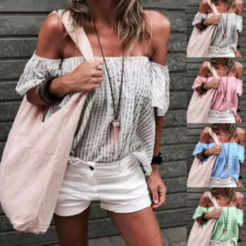 

Summer Women's Off Shoulder Tops Short Sleeve Shirt Casual Blouse Loose T-shirt