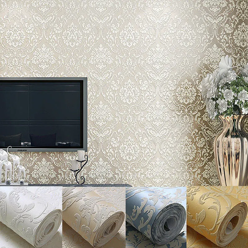 

10M 3D European style wall paper LUXURY DESIGNED DAMASK EMBOSSED FLOCKED TEXTURED NON-WOVEN WALLPAPER