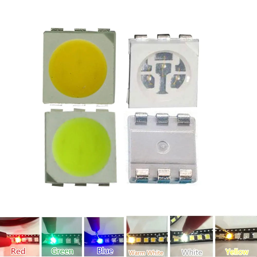 1000 PCS SMD/SMT 5050 LED RGB Red Blue Green Yellow White Warm white  Low-Mid Power PLCC-6 CHIP-3 12-15 LM 60MA 0.2W LED Chip at28c64b 15ju at28c64b 15 at28c64b at28c64 at28c at28 at ic chip plcc 32