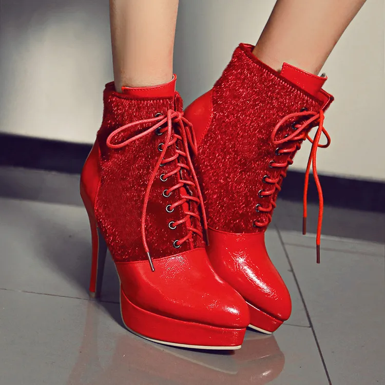 

Big Size 11 12 13 14 15 Fashion boots with pointed slim heel waterproof platform and cross strap tie and short barrel