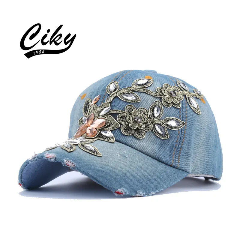 

New Fashion High Quality Casual Denim Flower Baseball Cap Women Gorras Snapback Embroidery  Outdoor Sun Hat TH-020
