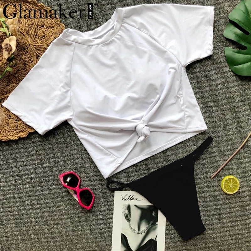 Glamaker knot white sexy bodysuit women thong two-piece suit female cropped short playsuit Beach party bodysuit spring new 2019 fishnet bodysuit Bodysuits