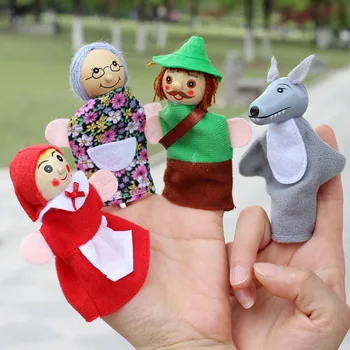 

4pcs/Lot Kids Finger Puppets Doll Plush Toys Cute Little Red Riding Hood Wooden Headed Fairy Tale Story Telling Hand Puppets
