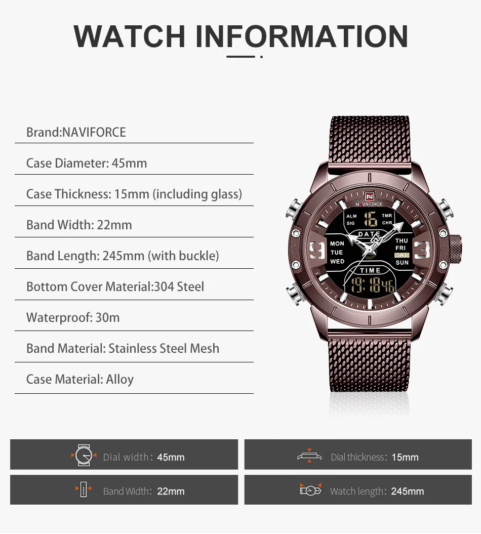 NAVIFORCE часы Топ люксовый бренд мужские военные кварцевые наручные часы из нержавеющей стали сетчатые спортивные часы аналогово-Цифровые мужские часы