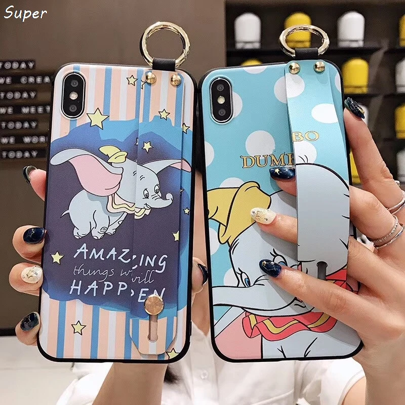 

Funny Dumbo Flying elephant Wrist strap bracket phone case for iphone 7 8 6 6s plus x xs max xr 3D tpu happy cover fundas capa