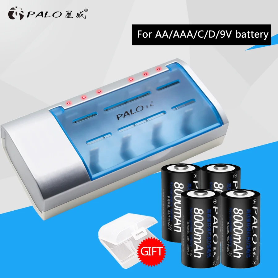 

High-end Charger Intelligent Battery Charger For Nimh Nicd AA/AAA/C/D/9V Rechargeable Batteries+4pcs D Size 8000mah Batteries
