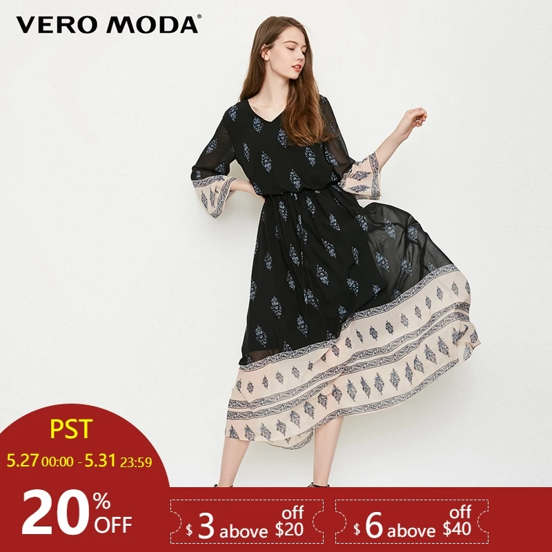 Vero Moda 2019 new print color matching V-neck cropped sleeve dress|31827C522