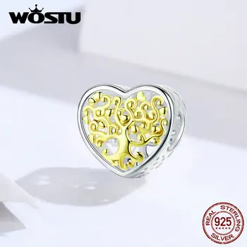 

WOSTU Heart Flower Beads 925 Sterling Silver Tree For Life Gold Color Charm Fit Original Bracelet Pendant DIY Jewelry FIC1264