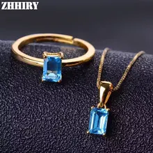 Zhhiry Для женщин натуральный голубой топаз камень комплект украшений кулон кольцо цепи одноцветное стерлингового серебра 925 Подлинная камень Наборы для ухода за кожей