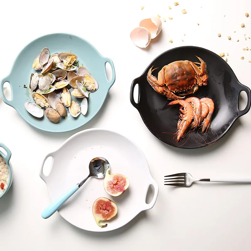 1 PC European Style Dinner Plates Matte Glazed Ceramic Round Dishes with Double Handles Steak Pasta Dessert Plates 3 Colors