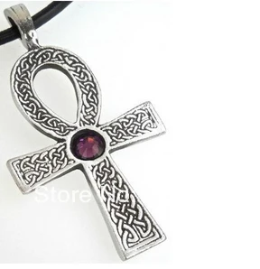 

30pcs a lot antique silver plated religious ankh cross with color crystal pendant necklace jewelry