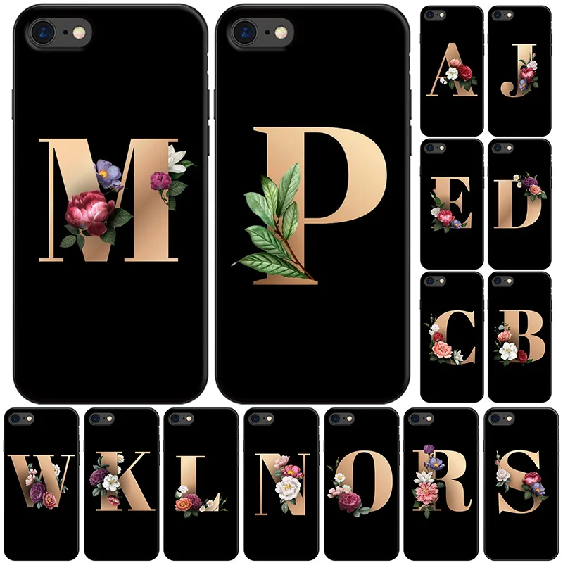 

Letter Alphabet Flowers Print Floral Black Phone Case for iPhone x 7 7s 5 6 6s 8 plus Xs XR Max SE Phone Cover Silicone Coque