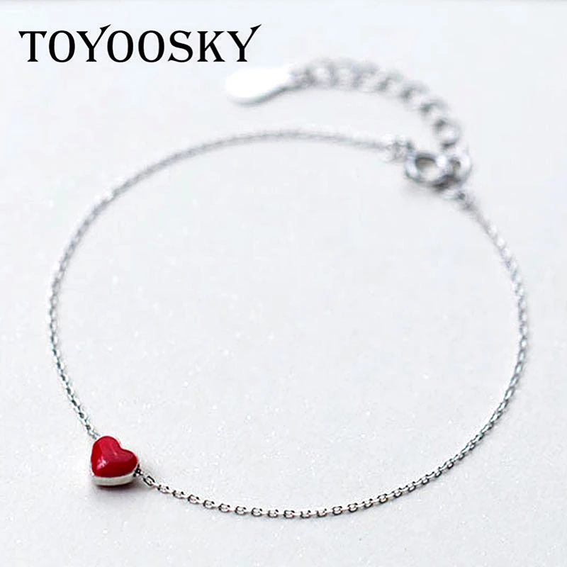 TOYOOSKY 925 šperky stříbrné červené srdce přívěsek náramek jednoduché módní šperky