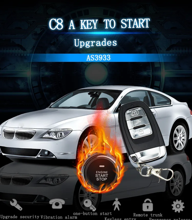 C8 Car Entry Security System Kit Engine Start Button Vibration Alarm Remote