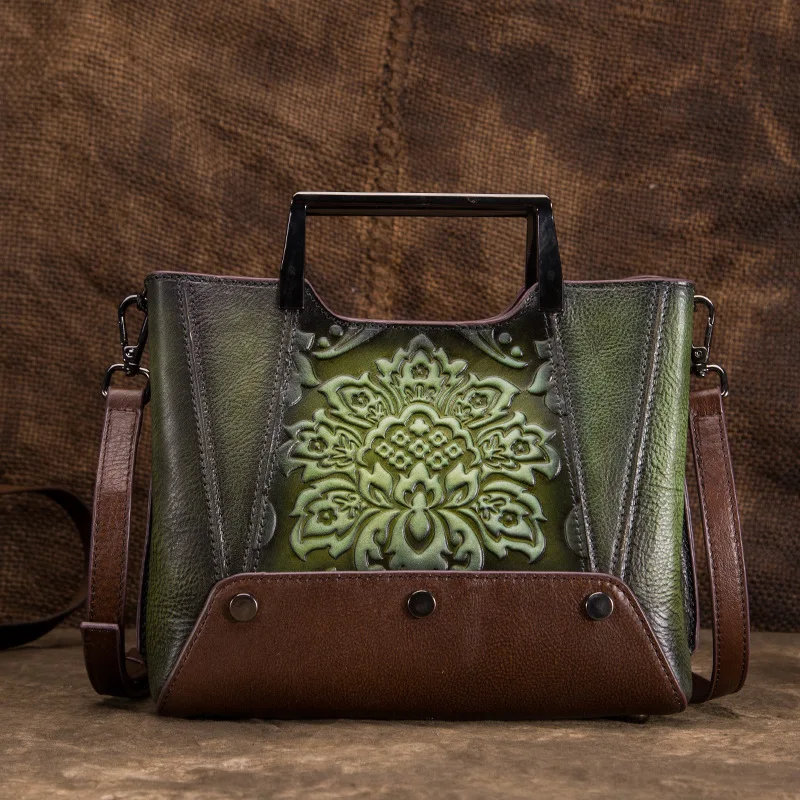 

Direct selling leather bag head layer cowhide retro craft embossing hand color trend hand held oblique span girl's bag