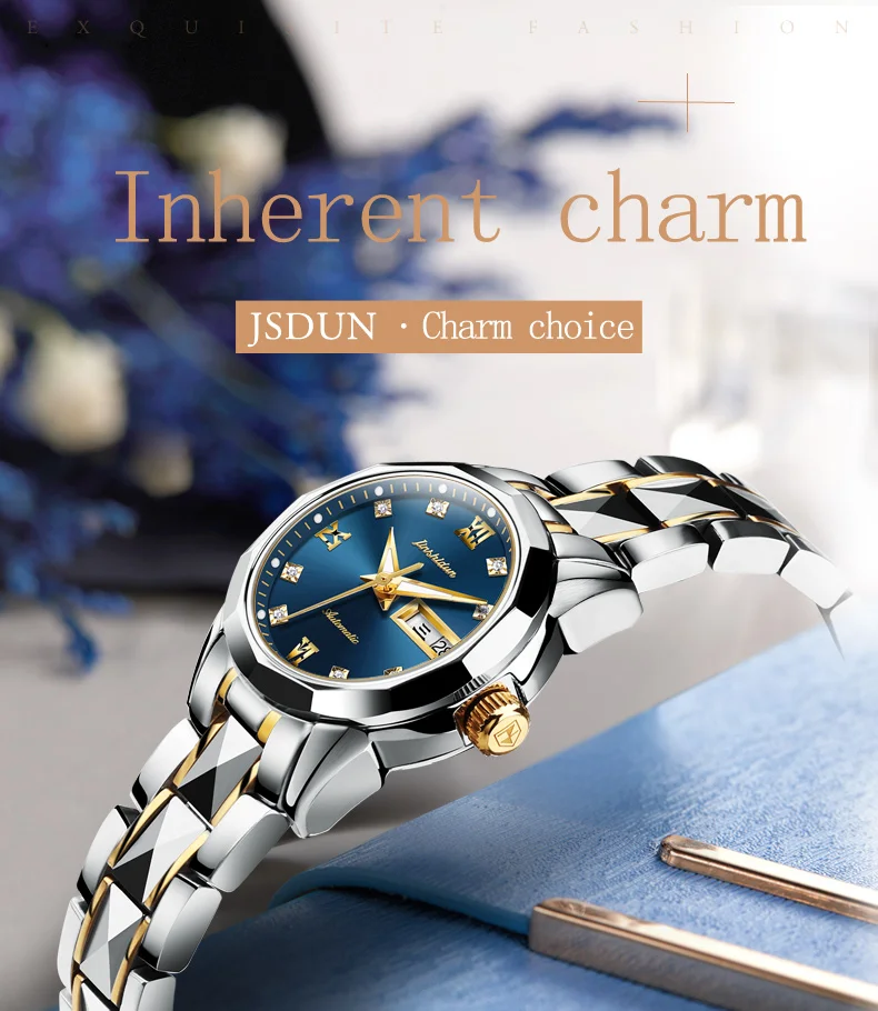 Женские часы JSDUN, высокое качество, модные механические Женские наручные часы из нержавеющей стали, роскошные женские часы из розового золота для мужчин