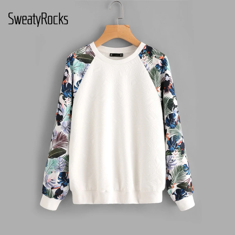 

SweatyRocks Tropical Print Raglan Sleeve Textured Sweatshirt Women Patchwork Crew Neck Long Sleeve Active Pullovers Sweatshirt