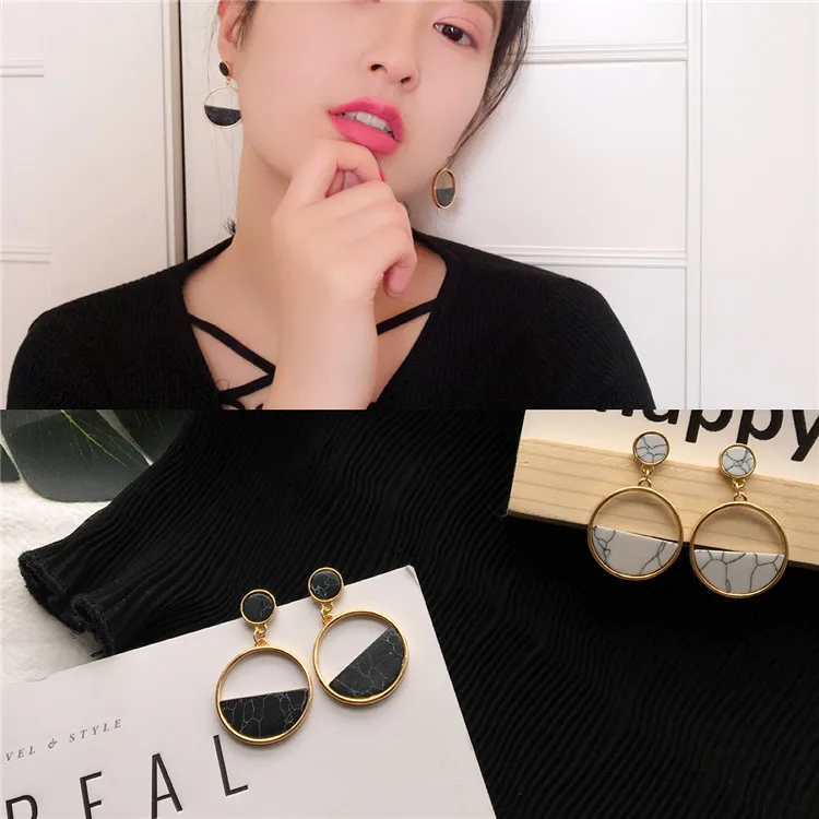 Handmade fashion simple geometric circular marble long earrings girls popular earrings earrings temperament EE88 - Image 5