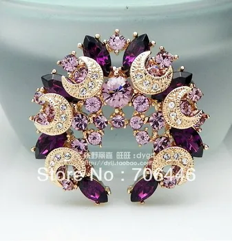 

Gold Tone Purple Rhinestone Crystal Moon and Star Wreath Party Pin Brooch