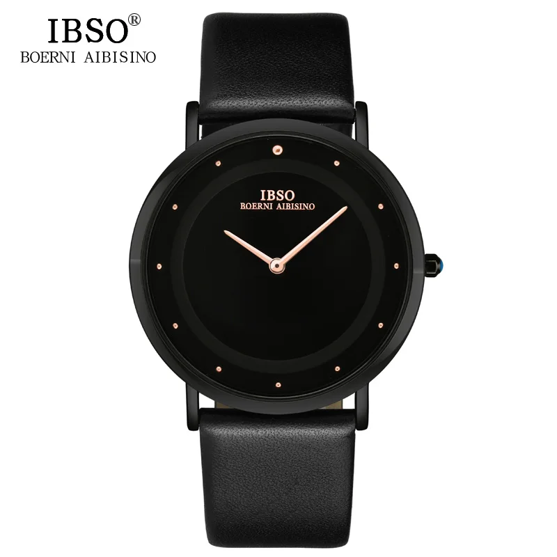IBSO 7 мм ультра-тонкий модные Кварцевые наручные часы Настоящая кожа ремень Для мужчин Часы Лидирующий бренд Роскошные часы Для мужчин синий водонепроницаемые Relogio Masculino - Цвет: Черный