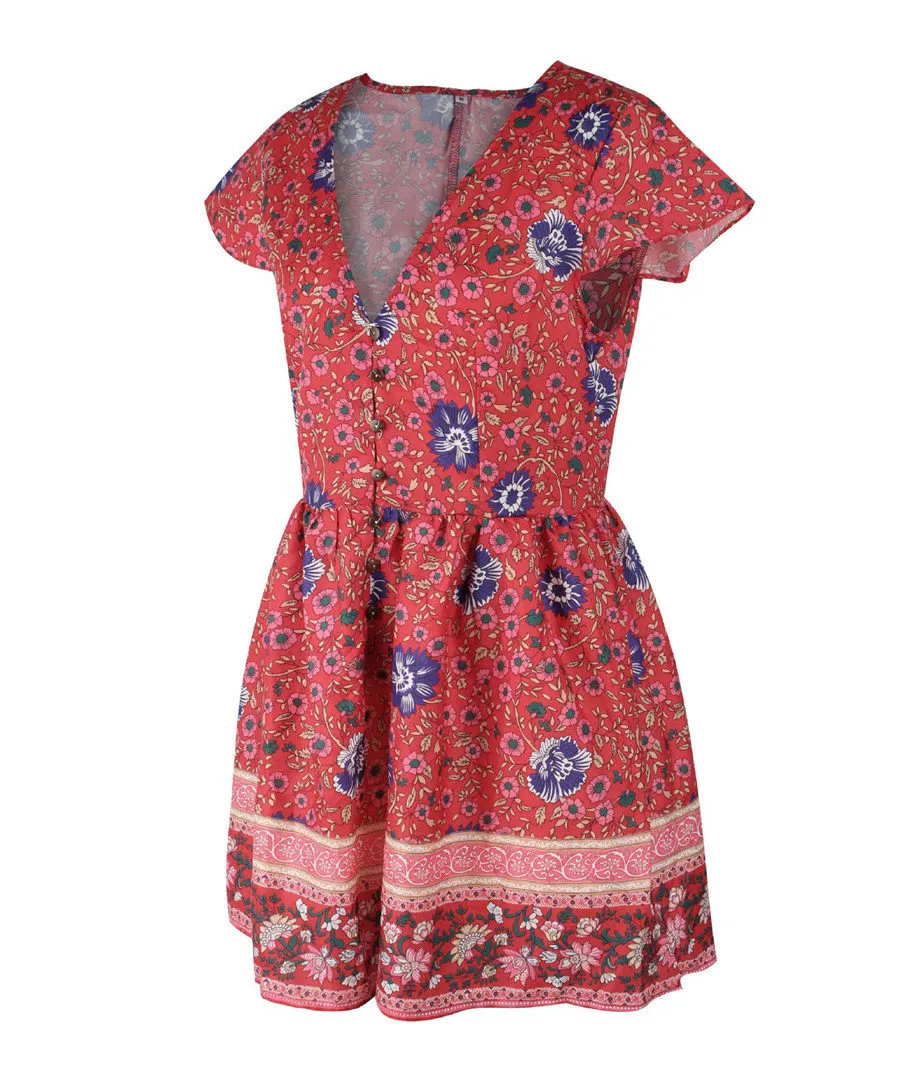 Gladiolus Fashion Summer Women Dress Short Sleeve Button Deep V Neck Sexy Floral Print Mini Boho Dress 2019 Ladies Beach Dresses (37)