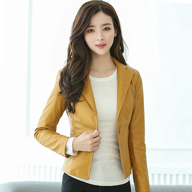 

2019 Office Lady Women Outwear PU Leather Jacket Solid Slim Yellow Black Female Coat Turn Down Collar Short Casaco Feminino