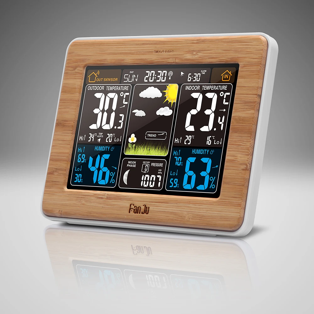 Fanju FJ3365 Multifunction Weather Station Alarm Clock Color Forecast with Alert Temperature Humidity Barometer Moon Phase | Дом и сад