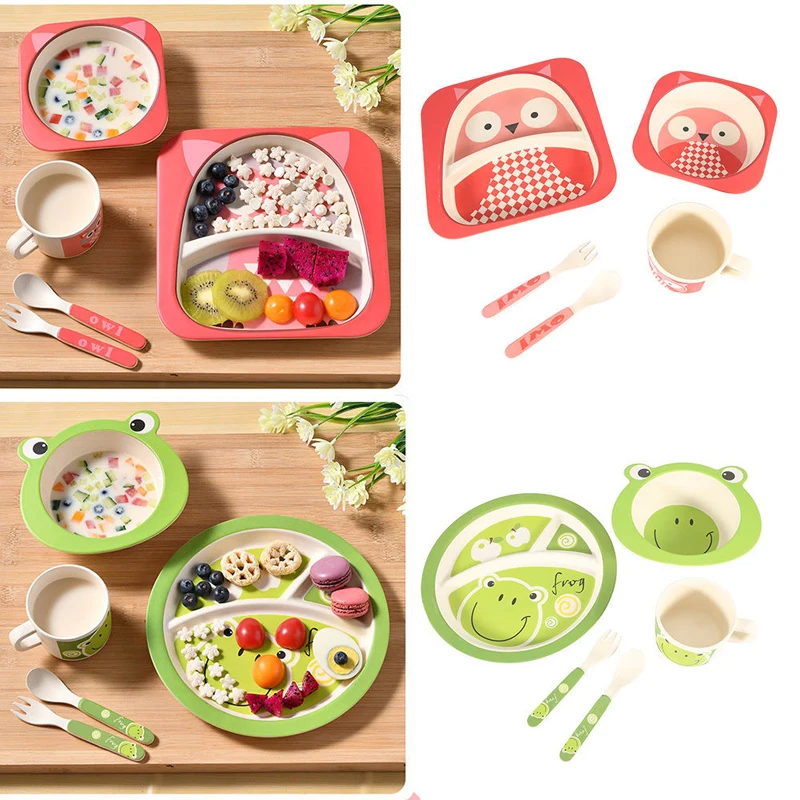 5Pcs Cartoon Bamboo Tableware Animal Baby Feeding Food Bowl Infant Kids Plate Eco-friendly Cute Children Baby Eating Food Bowl