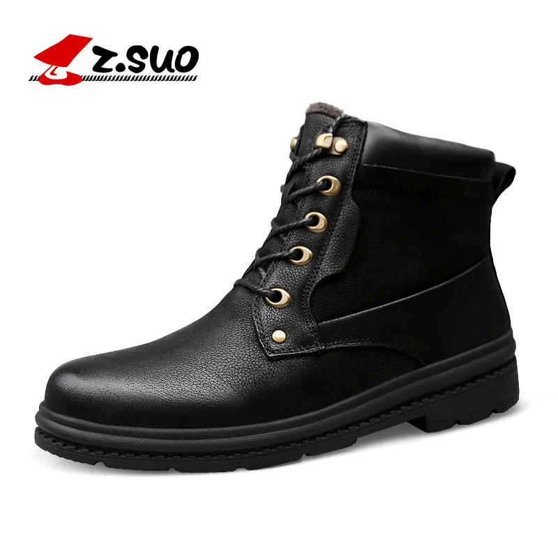 

ZSUO Winter Men Leather Add Fur Warm Ankle Boots Big Size 37-47 Fur Warm Outdoor Safety Shoes Fashion Lace up Rubber Footwear