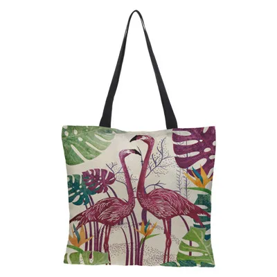 Двухсторонняя сумка с рисунком Фламинго женская большая льняной мешок для покупок женская сумка через плечо тканевая сумка дорожная сумка - Цвет: 04