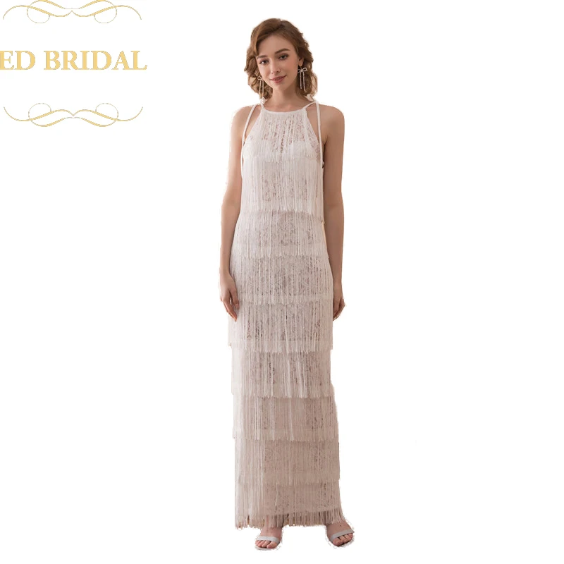 Sheath Tassels over Lace Long Bohemian Wedding Dress Bridal Wedding