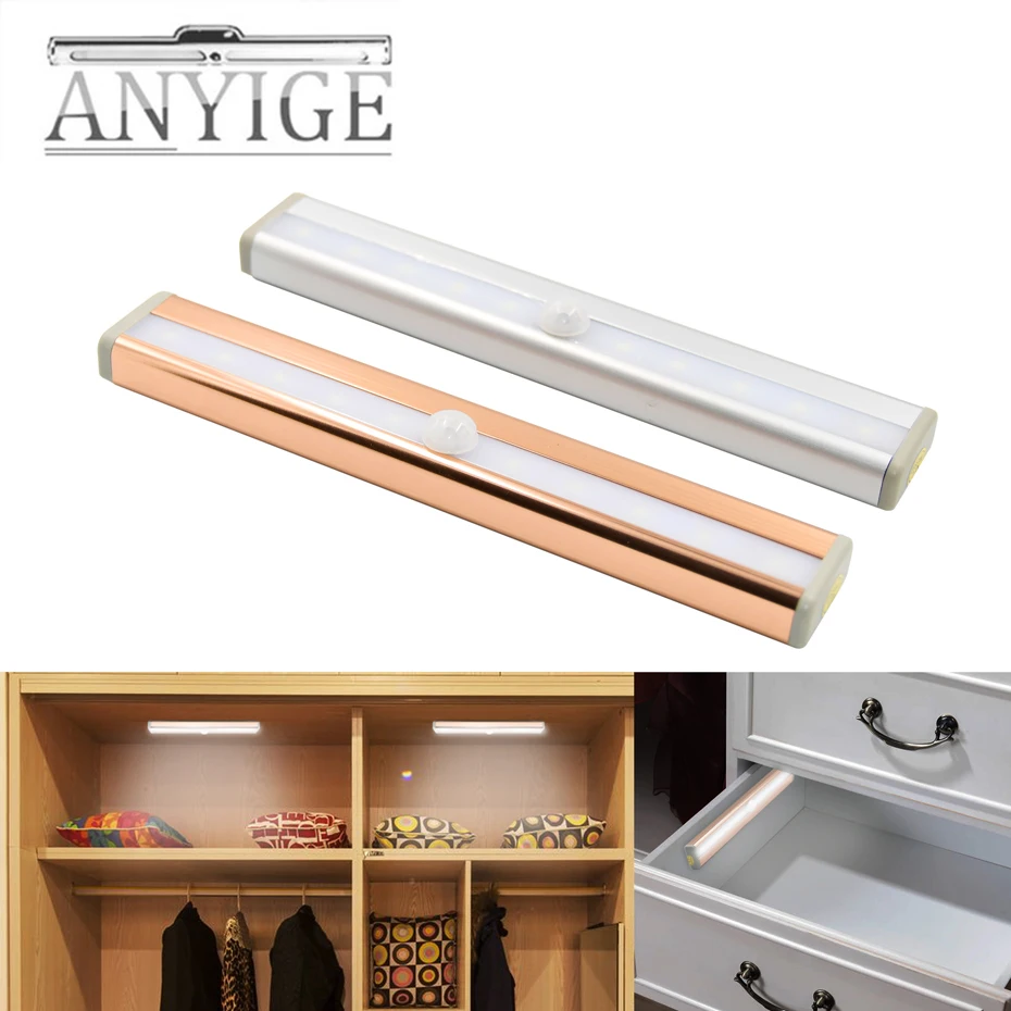 

ANYIGE Led Under Cabinet Light With PIR Motion Sensor Lamp 10 LEDs Lighting For Wardrobe Cupboard Closet Kitchen Night Light